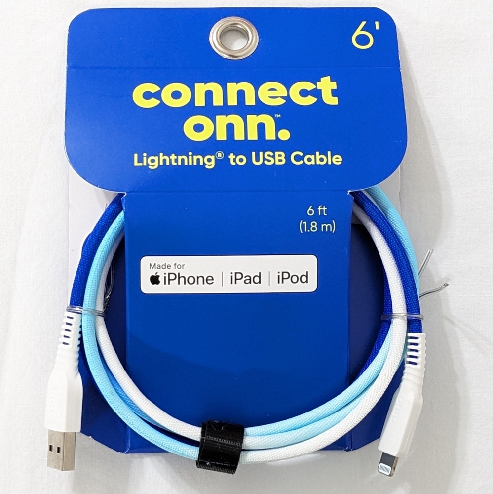 NEW Connect Onn. 6 ft. Blue & White Lightning to USB Cable